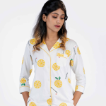 Leafy Mandarin White Pyjama set | Notched Collor | 100% Pure Cotton | Bio-Washed | Manufacture to Consumer Direct sale