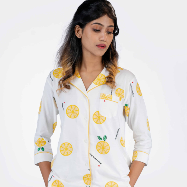 Leafy Mandarin White Pyjama set | Notched Collor | 100% Pure Cotton | Bio-Washed | Manufacture to Consumer Direct sale