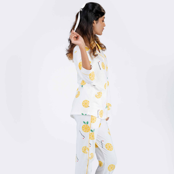Leafy Mandarin White Pyjama set | Notched Collor | 100% Pure Cotton | Bio-Washed | Manufacture to Consumer Direct sale