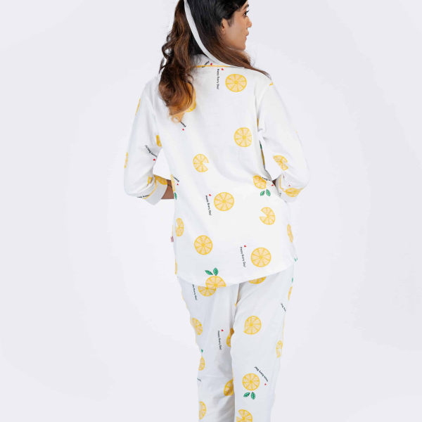Leafy Mandarin White Pyjama set | Notched Collor | 100% Pure Cotton | Bio-Washed | Manufacture to Consumer Direct sale