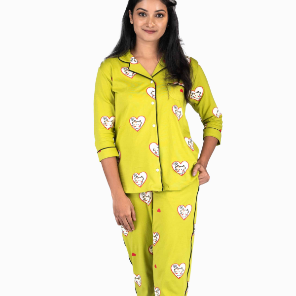 Calf Cutie Green Pyjama Set | Notched Collor | 100% Pure Cotton | Bio-Washed | Manufacture to Consumer Direct sale