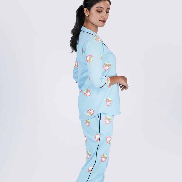 Sapphire Strawberry Blue Pyjama Set | Notched Collor | 100% Pure Cotton | Bio-Washed | Manufacture to Consumer Direct sale