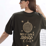 Womens Self-Love Printed Olive Green Oversized T-Shirt | Round Neck | 100% Pure Cotton | Bio-Washed | Manufacture to Consumer Direct sale