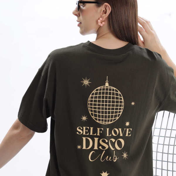 Womens Self-Love Printed Olive Green Oversized T-Shirt | Round Neck | 100% Pure Cotton | Bio-Washed | Manufacture to Consumer Direct sale